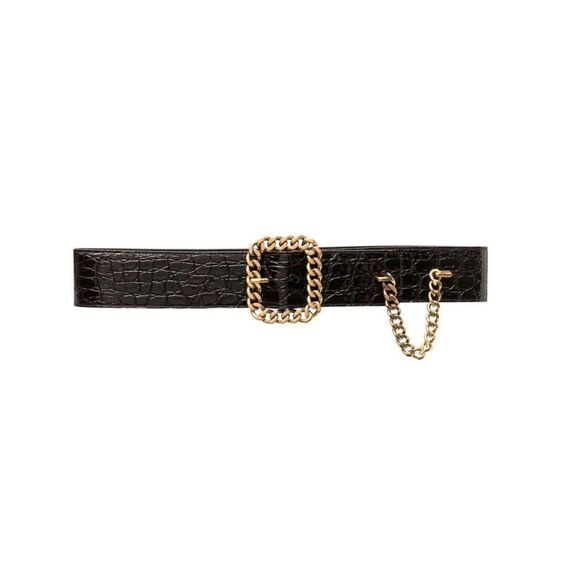 SAINT LAURENT Chain-trimmed Croc-embossed Leather Belt In Dark Brown size 85/34” - Picture 1 of 13